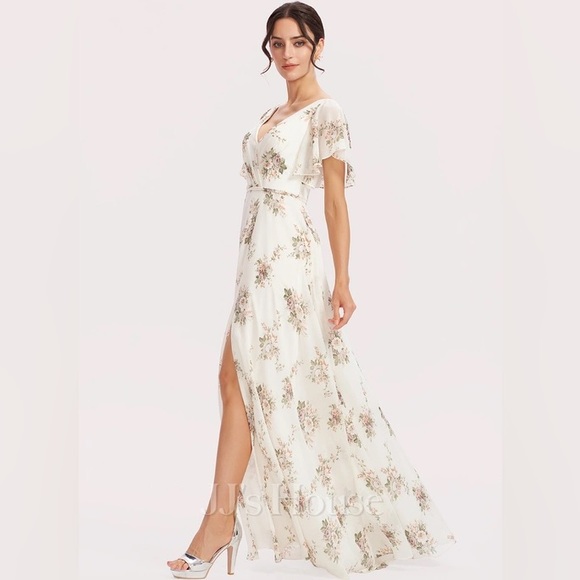 A-line V-Neck Floor-Length Chiffon Dress With Flower - Picture 6 of 10